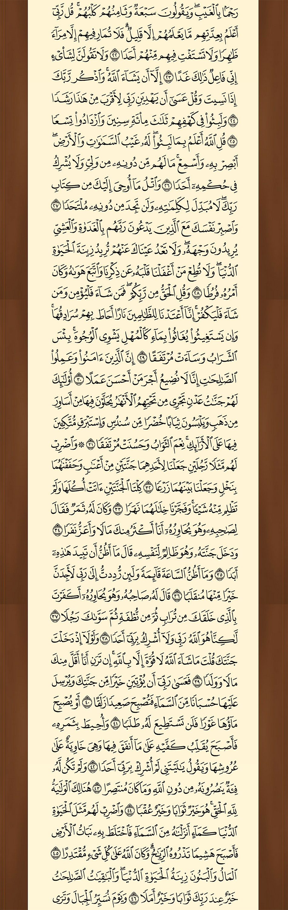 ولا تقولن لشيء إني فاعل ذلك غدا (23) إلا أن يشاء الله واذكر ربك إذا نسيت وقل عسى أن يهدين ربي لأقرب من هذا رشدا (24) ولبثوا في كهفهم ثلاث مائة سنين وازدادوا تسعا (25) قل الله أعلم بما لبثوا له غيب السماوات والأرض أبصر به وأسمع ما لهم من دونه من ولي ولا يشرك في حكمه أحدا (26) واتل ما أوحي إليك من كتاب ربك لا مبدل لكلماته ولن تجد من دونه ملتحدا (27) واصبر نفسك مع الذين يدعون ربهم بالغداة والعشي يريدون وجهه ولا تعد عيناك عنهم تريد زينة الحياة الدنيا ولا تطع من أغفلنا قلبه عن ذكرنا واتبع هواه وكان أمره فرطا (28) وقل الحق من ربكم فمن شاء فليؤمن ومن شاء فليكفر إنا أعتدنا للظالمين نارا أحاط بهم سرادقها وإن يستغيثوا يغاثوا بماء كالمهل يشوي الوجوه بئس الشراب وساءت مرتفقا (29) إن الذين آمنوا وعملوا الصالحات إنا لا نضيع أجر من أحسن عملا (30) أولئك لهم جنات عدن تجري من تحتهم الأنهار يحلون فيها من أساور من ذهب ويلبسون ثيابا خضرا من سندس وإستبرق متكئين فيها على الأرائك نعم الثواب وحسنت مرتفقا (31) واضرب لهم مثلا رجلين جعلنا لأحدهما جنتين من أعناب وحففناهما بنخل وجعلنا بينهما زرعا (32) كلتا الجنتين آتت أكلها ولم تظلم منه شيئا وفجرنا خلالهما نهرا (33) وكان له ثمر فقال لصاحبه وهو يحاوره أنا أكثر منك مالا وأعز نفرا (34) ودخل جنته وهو ظالم لنفسه قال ما أظن أن تبيد هذه أبدا (35) وما أظن الساعة قائمة ولئن رددت إلى ربي لأجدن خيرا منها منقلبا (36) قال له صاحبه وهو يحاوره أكفرت بالذي خلقك من تراب ثم من نطفة ثم سواك رجلا (37) لكنا هو الله ربي ولا أشرك بربي أحدا (38) ولولا إذ دخلت جنتك قلت ما شاء الله لا قوة إلا بالله إن ترن أنا أقل منك مالا وولدا (39) فعسى ربي أن يؤتين خيرا من جنتك ويرسل عليها حسبانا من السماء فتصبح صعيدا زلقا (40) أو يصبح ماؤها غورا فلن تستطيع له طلبا (41) وأحيط بثمره فأصبح يقلب كفيه على ما أنفق فيها وهي خاوية على عروشها ويقول يا ليتني لم أشرك بربي أحدا (42) ولم تكن له فئة ينصرونه من دون الله وما كان منتصرا (43) هنالك الولاية لله الحق هو خير ثوابا وخير عقبا (44) واضرب لهم مثل الحياة الدنيا كماء أنزلناه من السماء فاختلط به نبات الأرض فأصبح هشيما تذروه الرياح وكان الله على كل شيء مقتدرا (45) المال والبنون زينة الحياة الدنيا والباقيات الصالحات خير عند ربك ثوابا وخير أملا (46)